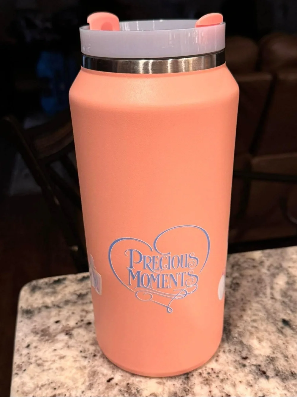 Precious moments Coral Travel Mug with Handle NEW WITH STRAW 10”tall
